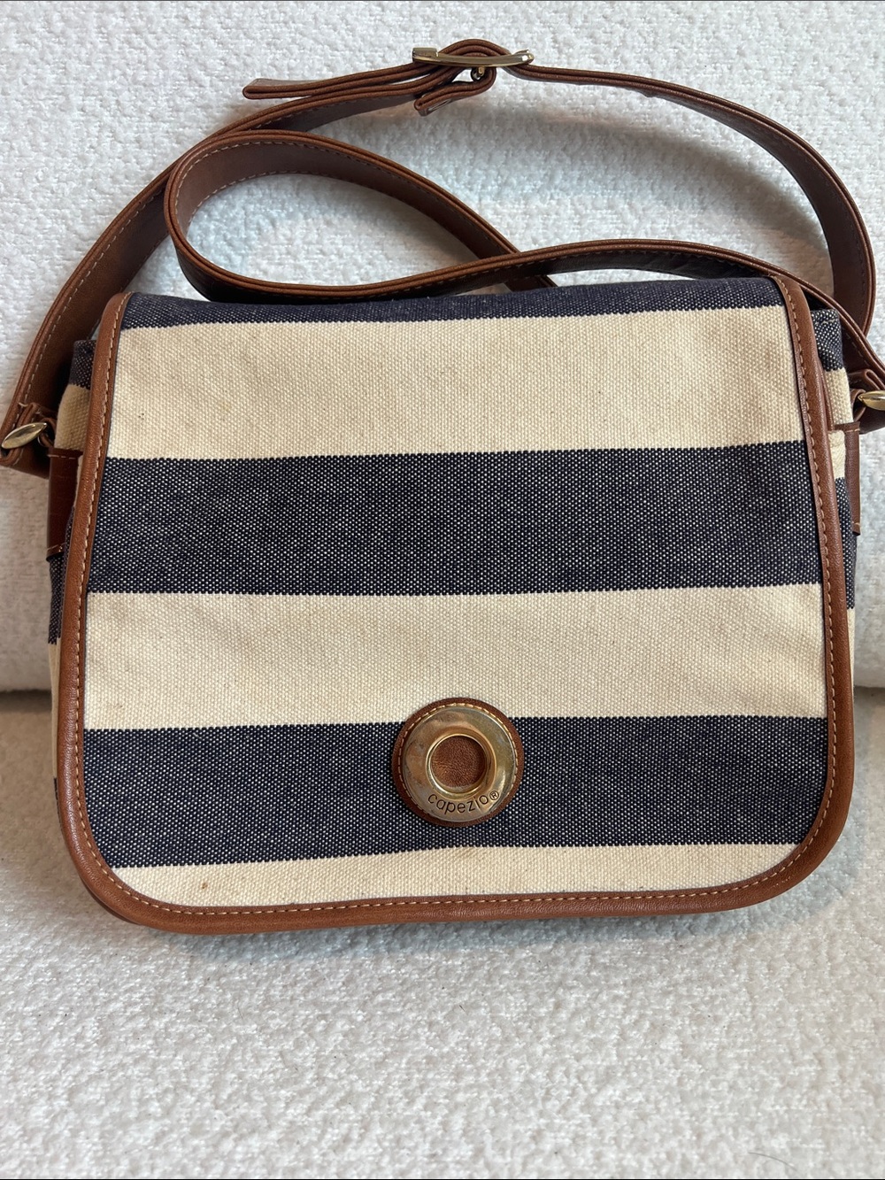 Vintage Capezio Striped Canvas Crossbody Bag Navy Cream 80s 90s Nautical Purse